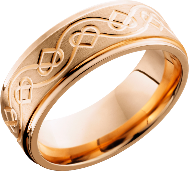 14K Rose gold 8mm flat band with grooved edges and a laser-carved celtic heart pattern