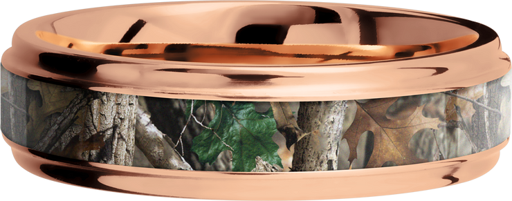 14K Rose Gold 6mm flat band with grooved edges and a 3mm inlay of Realtree Timber Camo