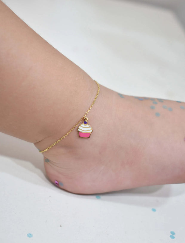 18K Gold Golden Cupcake Newborn Baby Anklet – Enamel Charm, Adjustable Fit
