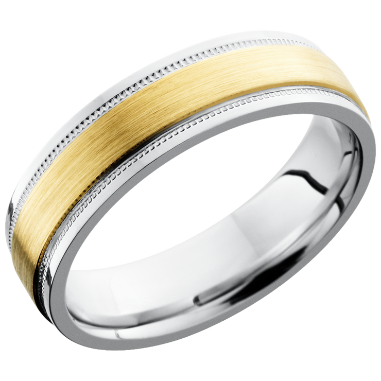 Titanium 6mm flat band with grooved edges and an inlay of 14K yellow gold with reverse milgrain detail on either side
