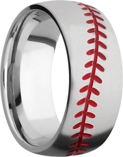 Titanium 8mm domed band with a laser-carved baseball stitching pattern and Cerakote in the pattern recesses