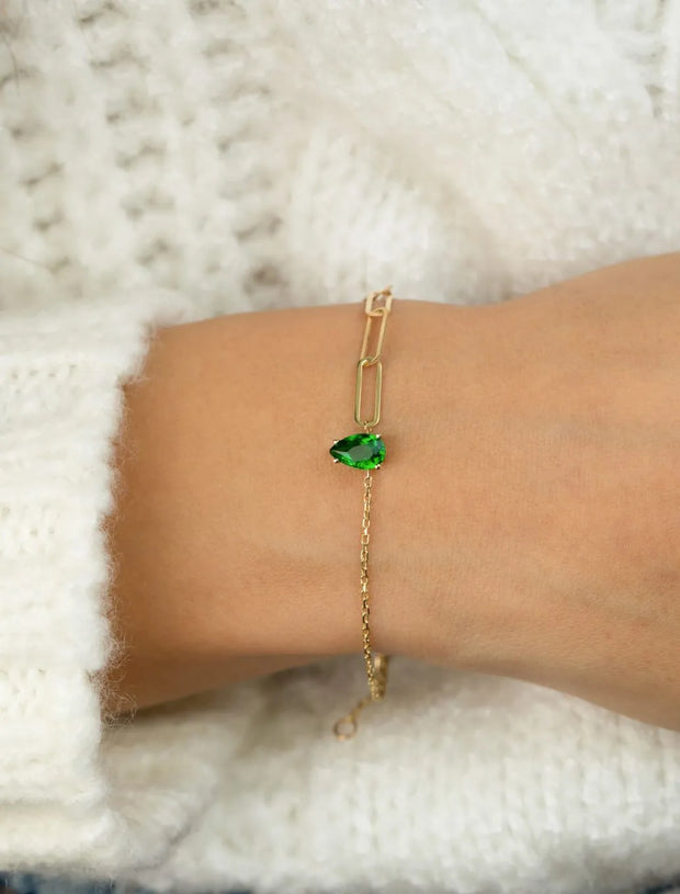 18K Gold Emerald Teardrop & Mixed Chain Bracelet