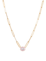 18K Gold Oval Enamel Pendant on Paper Clip Chain Necklace