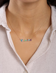 Personalized 18k Gold Enamel Name Necklace On a Model