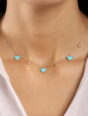18K Gold Necklace with Enamel Heart Pendant & Bezel-Set Gemstone Accents