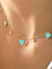 18K Gold Necklace with Enamel Heart Pendant & Bezel-Set Gemstone Accents