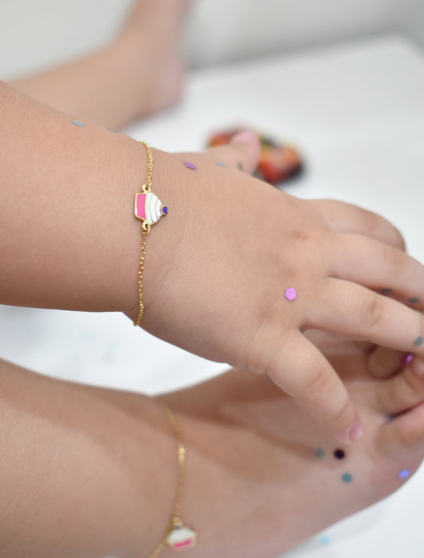 18K Gold Golden Cupcake Newborn Baby Bracelet – Enamel Design, Adjustable Fit