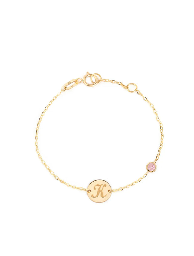 18K Gold Baby Bracelet with Birthstone & Custom Initial Disc