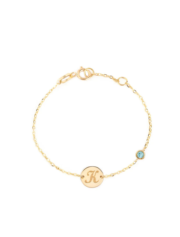 18K Gold Baby Bracelet with Birthstone & Custom Initial Disc