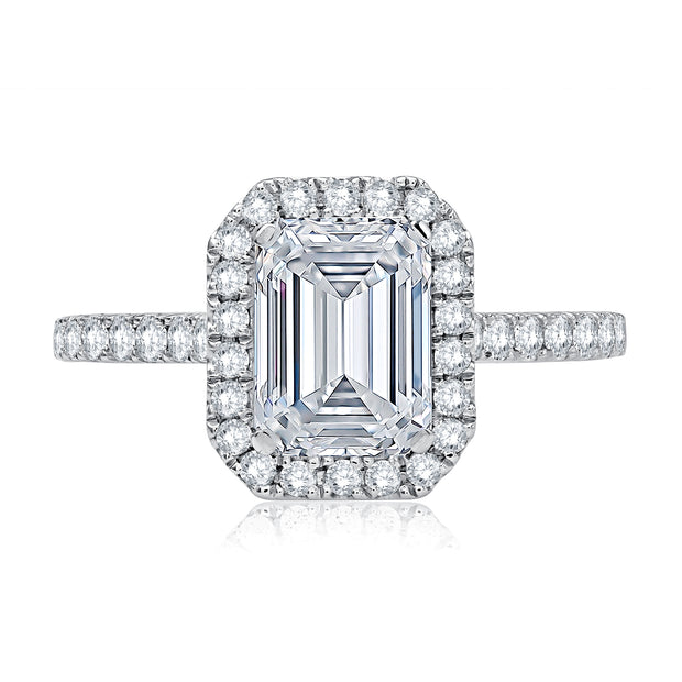 14k Emerald Cut Diamond Halo Engagement Ring with Quilted Interior