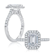 14k Emerald Cut Diamond Halo Engagement Ring with Quilted Interior