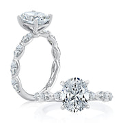 14k Four Prong Oval Diamond Engagement Ring with Marquise Accents