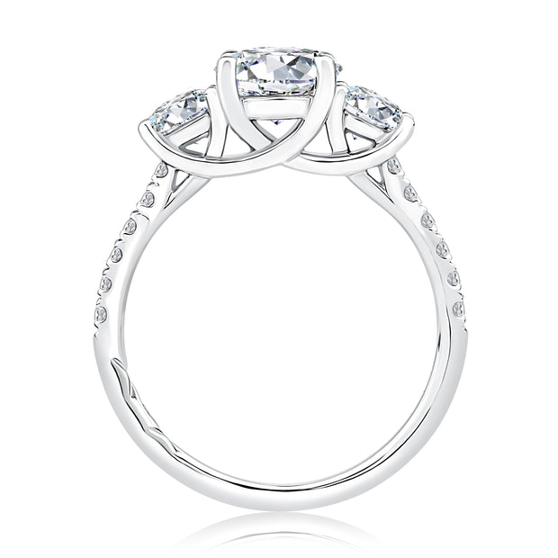 14k Three Stone Trellis Diamond Engagement Ring with Pavé Diamond Band