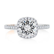 14k Cushion Halo Round Diamond Engagement Ring with Pavé Band