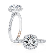 14k Cushion Halo Round Diamond Engagement Ring with Pavé Band