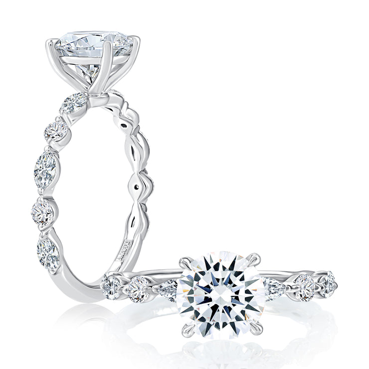 14k Classic Round Diamond Engagement Ring with Alternating Shape Stone Band