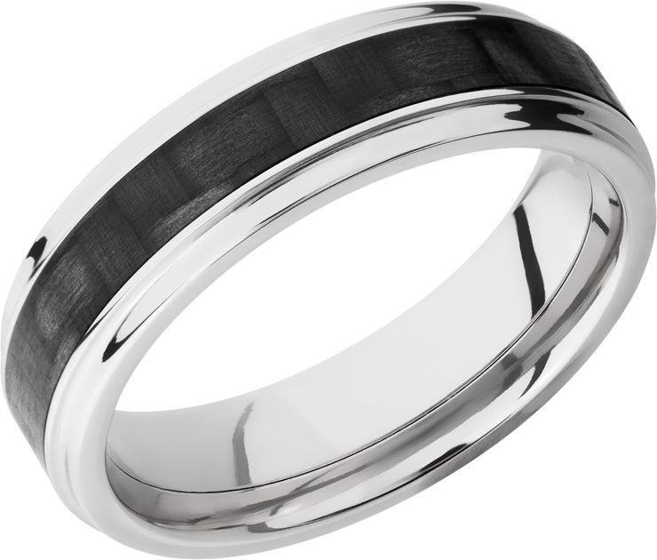 Titanium 6mm flat band with grooved edges and a 3mm inlay of black Carbon Fiber