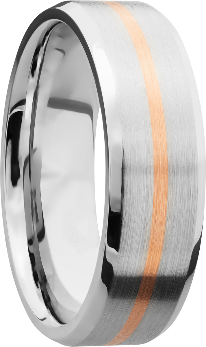 Cobalt chrome 7mm beveled band with 1, 1mm inlay of 14K rose gold