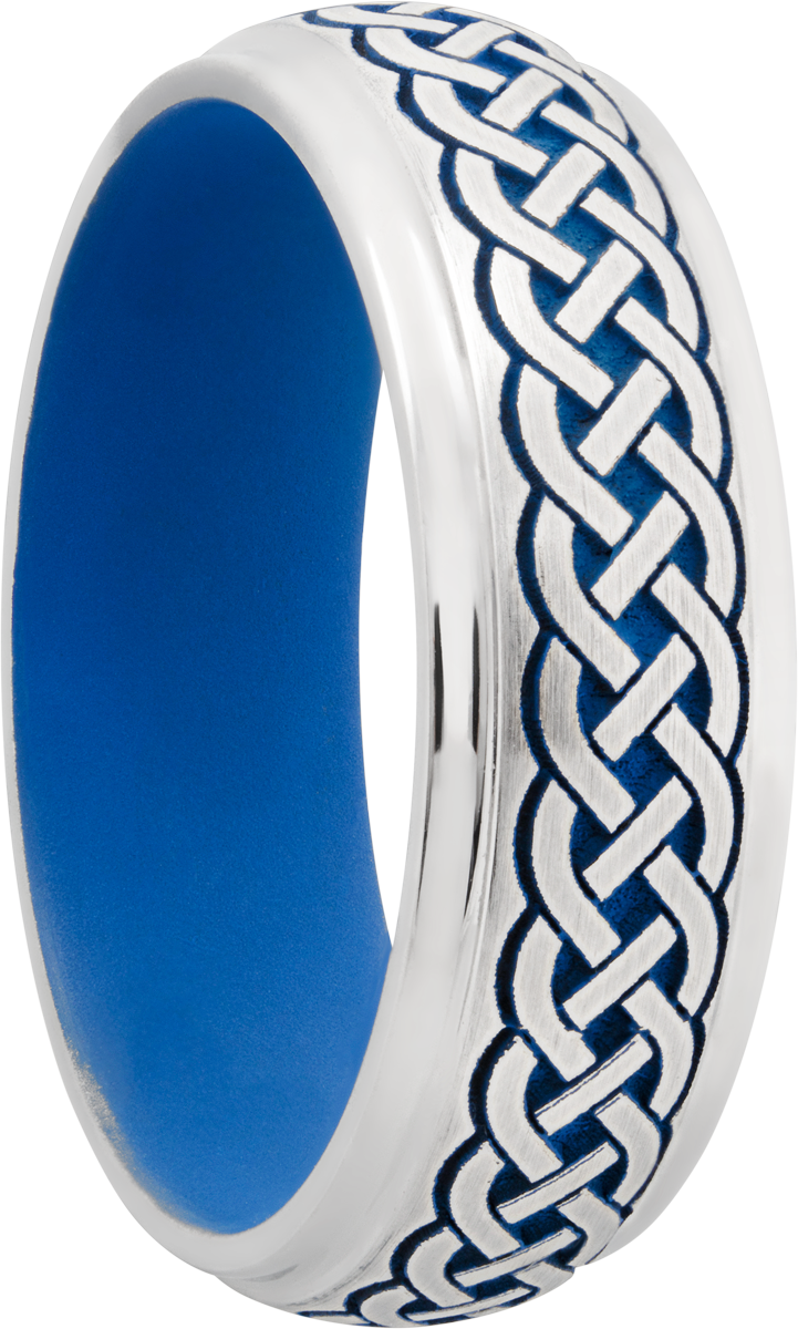 Cobalt chrome 7mm domed band with grooved edges a laser-carved Celtic pattern featuring Royal Blue Cerakote