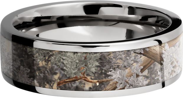 Cobalt chrome 7mm flat band with a 5mm inlay of Kings Desert Camo