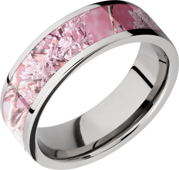 Cobalt chrome 7mm flat band with a 5mm inlay of Kings Pink Camo