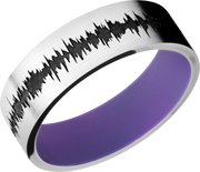Cobalt chrome 7mm flat band with a laser-carved personalized soundwave and a Bright Purple Cerakote Sleeve