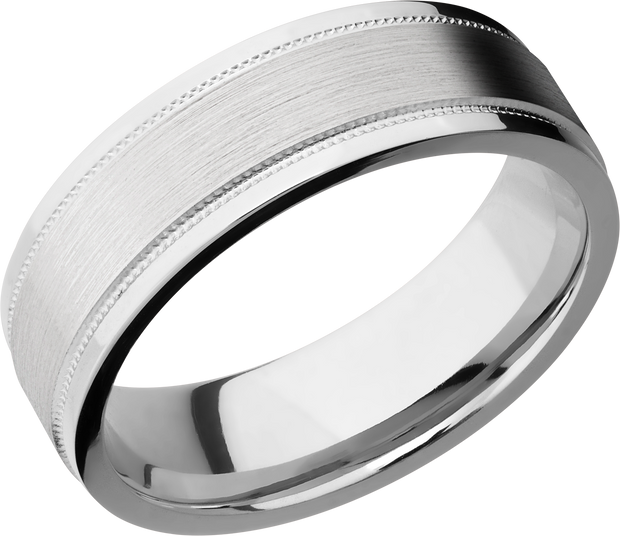 Cobalt chrome 7mm flat band with grooved edges and reverse milgrain detail