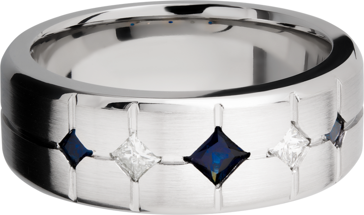 Cobalt chrome 8mm beveled band with 3 sapphires and 2 diamonds