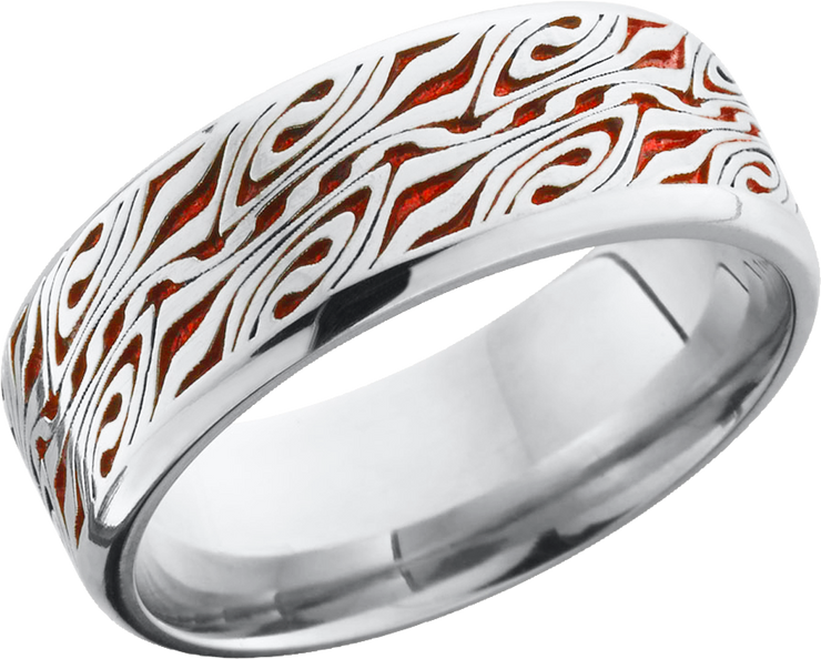 Cobalt chrome 8mm beveled band with a laser-carved Escher pattern and red Cerakote