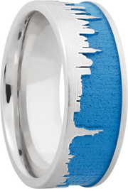Cobalt chrome 8mm flat band with a laser-carved New York skyline featuring Sea Blue Cerakote in the recessed pattern