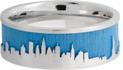 Cobalt chrome 8mm flat band with a laser-carved New York skyline featuring Sea Blue Cerakote in the recessed pattern