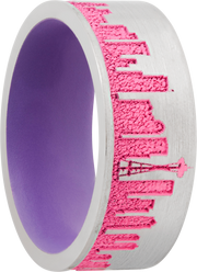 Cobalt chrome 8mm flat band with a laser-carved New York skyline featuring Pink Cerakote in the recessed pattern and Bright Purple Cerakote on the sleeve