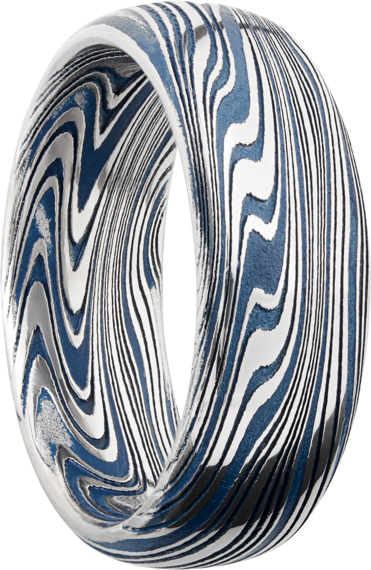 Marble Damascus steel 8mm domed band with Ridgeway Blue Cerakote in the recessed pattern