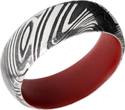 Woodgrain Damascus steel 8mm domed band with beveled edges a red Cerakote sleeve