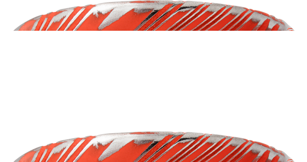 Woodgrain Damascus steel 8mm domed band beveled edges and Hunter Orange Cerakote in the recessed pattern