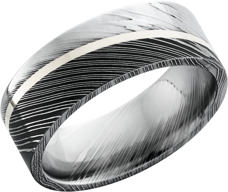 Handmade 8mm Damascus steel band with an angled inlay of sterling silver
