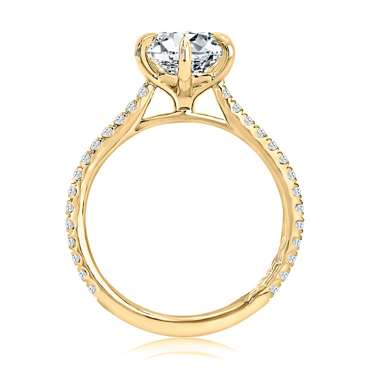 14k Six Prong Round Diamond Engagement Ring with Pavé Diamond Band