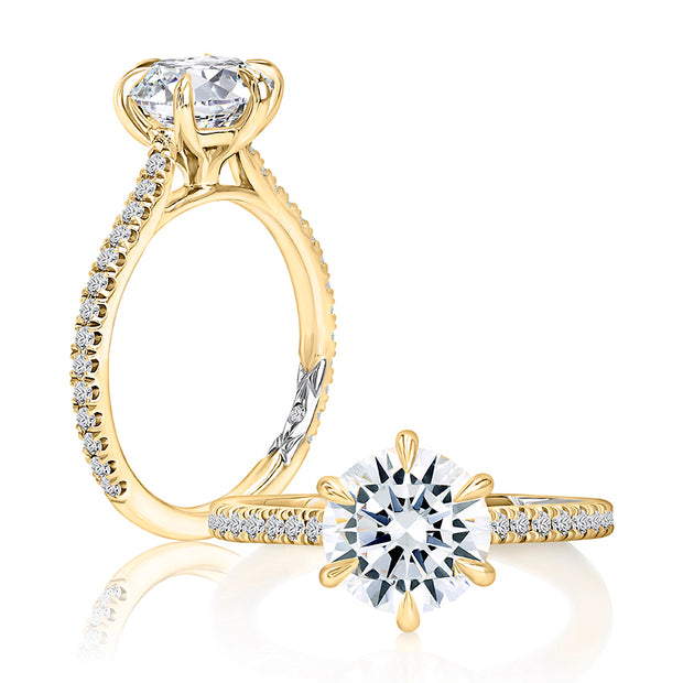 14k Six Prong Round Diamond Engagement Ring with Pavé Diamond Band