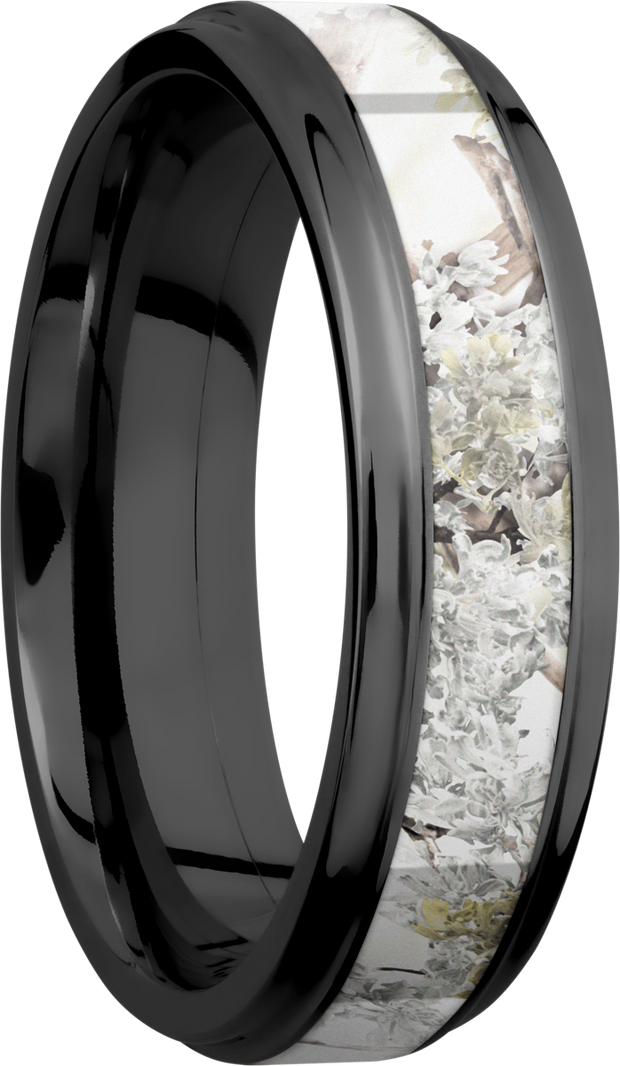 Zirconium 6mm flat band with grooved edges and a 3mm inlay of Kings Snow Camo