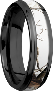 Zirconium 6mm flat band with grooved edges and a 3mm inlay of Realtree APC Snow Camo