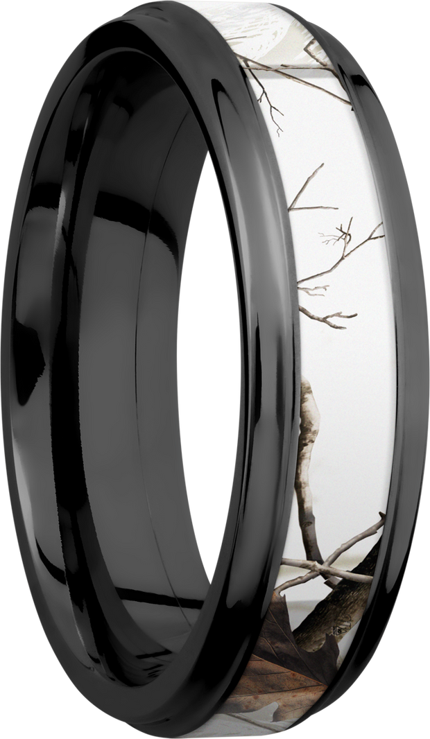 Zirconium 6mm flat band with grooved edges and a 3mm inlay of Realtree APC Snow Camo