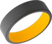Zirconium 6mm flat band with slightly rounded edges and a Dewalt Yellow Cerakote sleeve