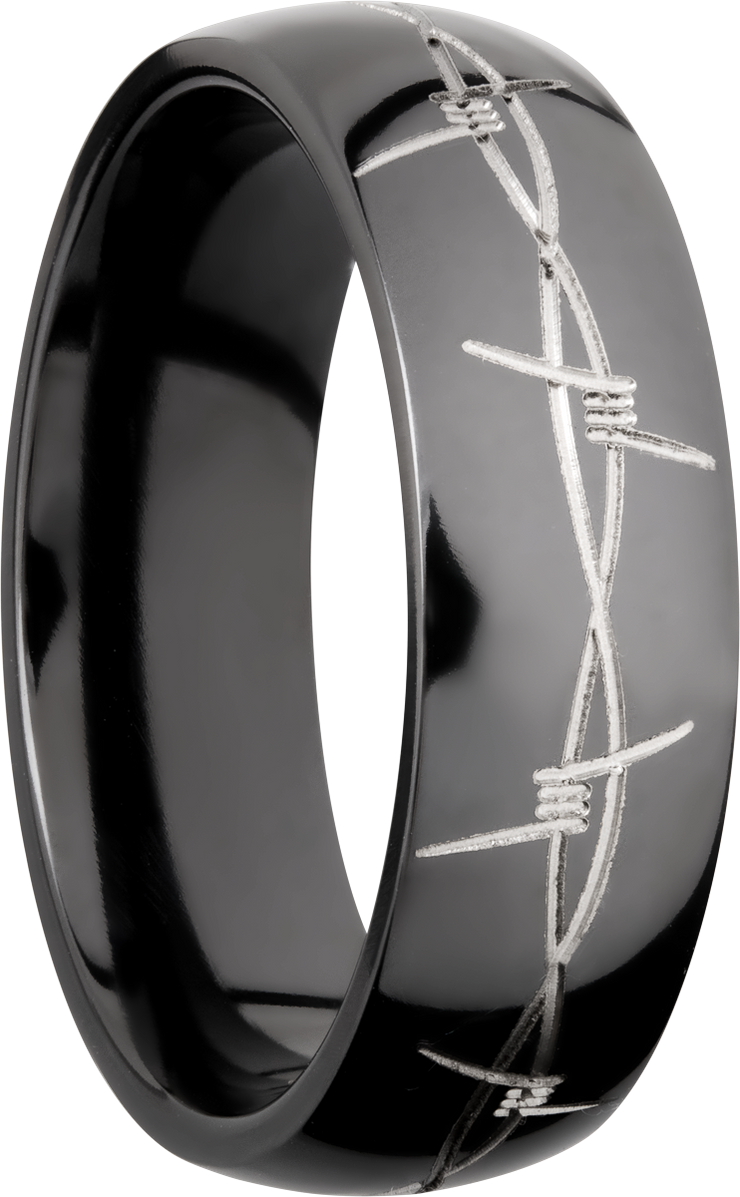 Zirconium 7mm domed band with a laser-carved barbed wire pattern