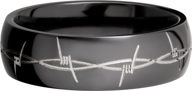 Zirconium 7mm domed band with a laser-carved barbed wire pattern