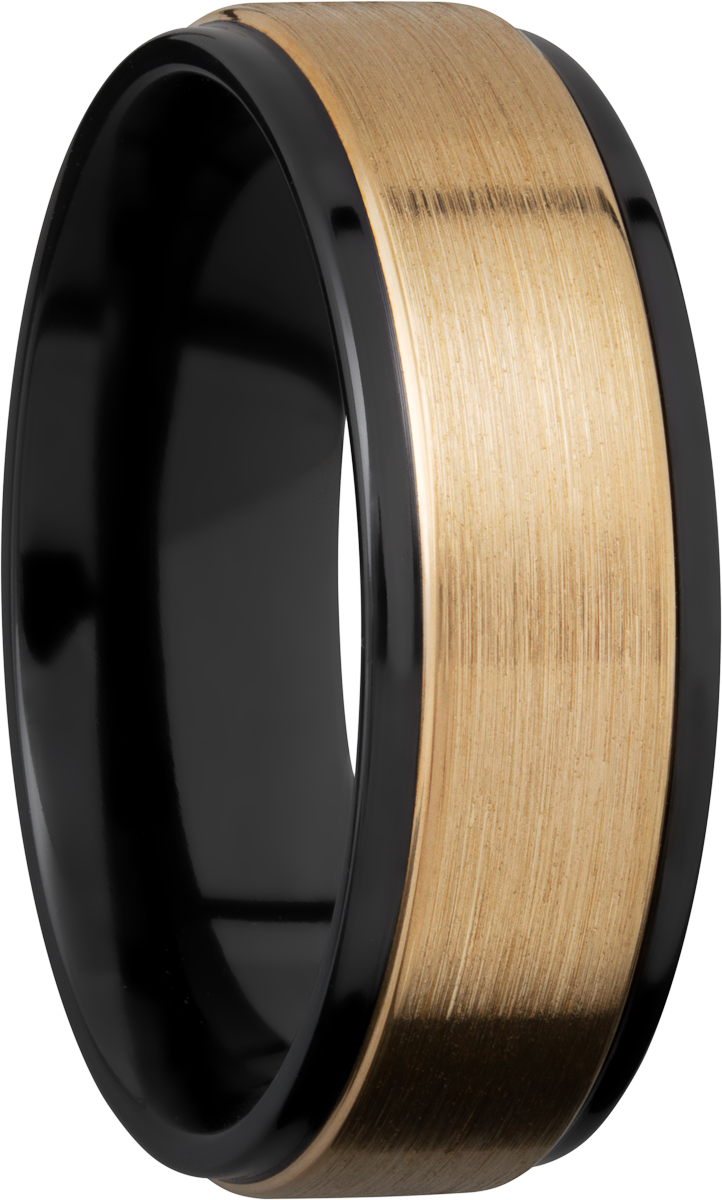 Zirconium 7mm flat band with grooved edges and an inlay of 14K yellow gold