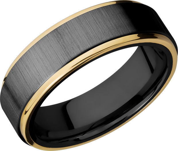 Zirconium 7mm flat band with 14K yellow gold grooved edges