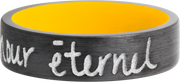 Zirconium 7mm flat band with slightly rounded edges and a laser-carved handwritten message with a yellow Cerakote sleeve