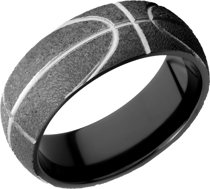 Zirconium 8mm domed band with a laser-carved basketball pattern