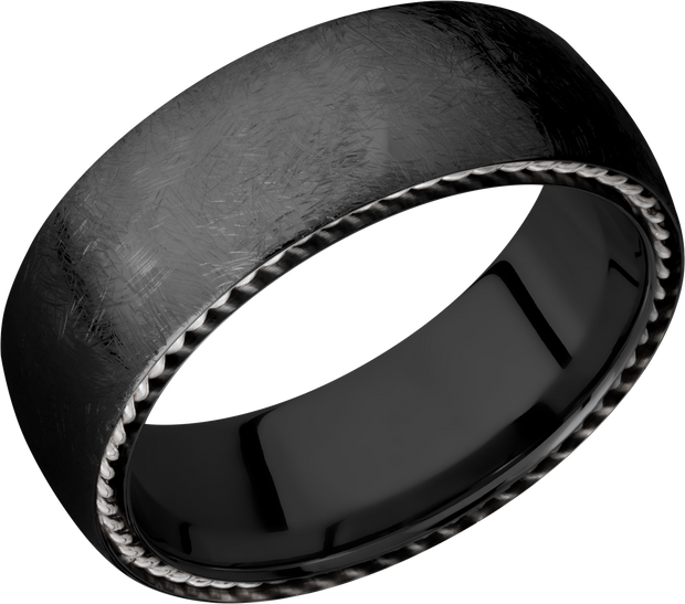 Zirconium 8mm domed band with sterling silver sidebraid edging