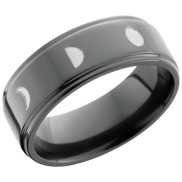 Zirconium 8mm flat band with a laser-carved moon phase pattern